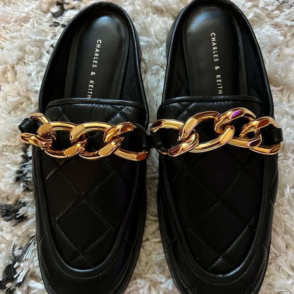 Charles & Keith Black Quilted Mules with Gold Hardware